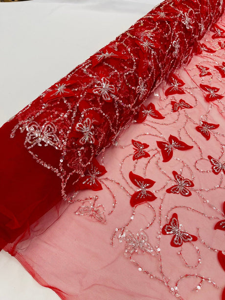 3D Beaded Butterfly On A Mesh Polyester Fabric - Beaded Butterfly Mesh Lace, 54" Width (1 Yard)