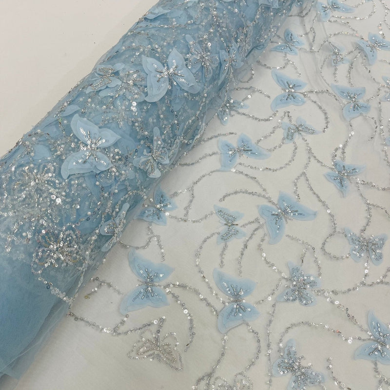 3D Beaded Butterfly On A Mesh Polyester Fabric - Beaded Butterfly Mesh Lace, 54" Width (1 Yard)