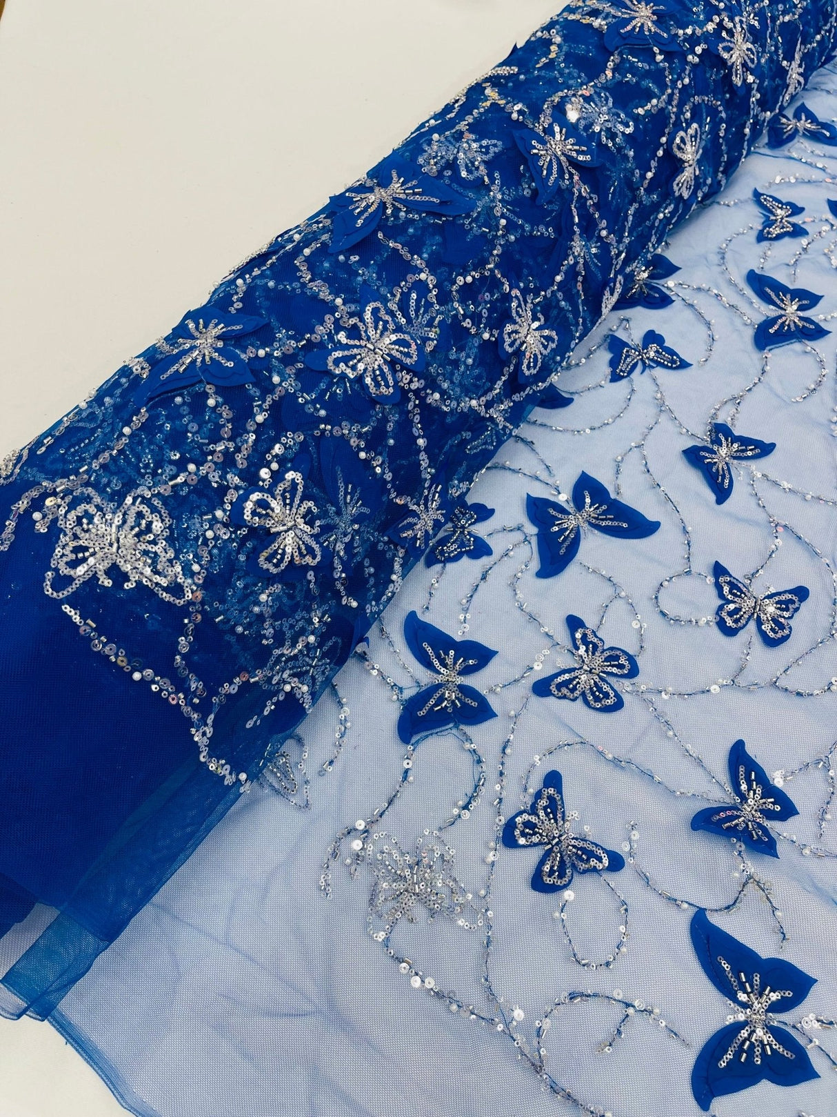 3D Beaded Butterfly On A Mesh Polyester Fabric - Beaded Butterfly Mesh Lace, 54" Width (1 Yard)