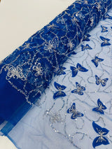 3D Beaded Butterfly On A Mesh Polyester Fabric - Beaded Butterfly Mesh Lace, 54" Width (1 Yard)