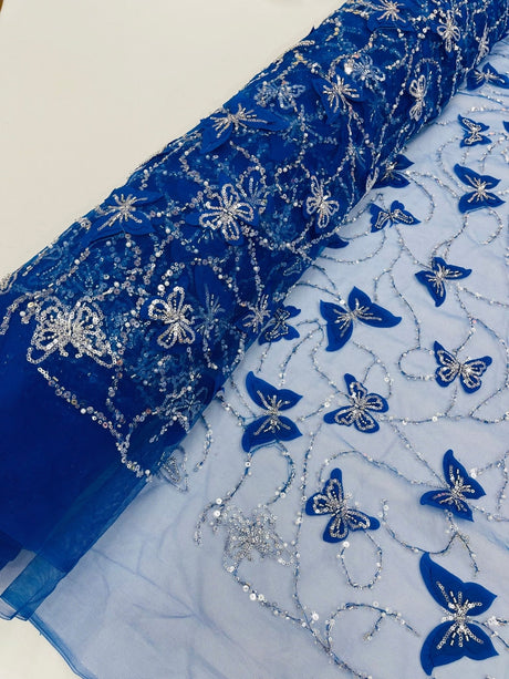 3D Beaded Butterfly On A Mesh Polyester Fabric - Beaded Butterfly Mesh Lace, 54" Width (1 Yard)