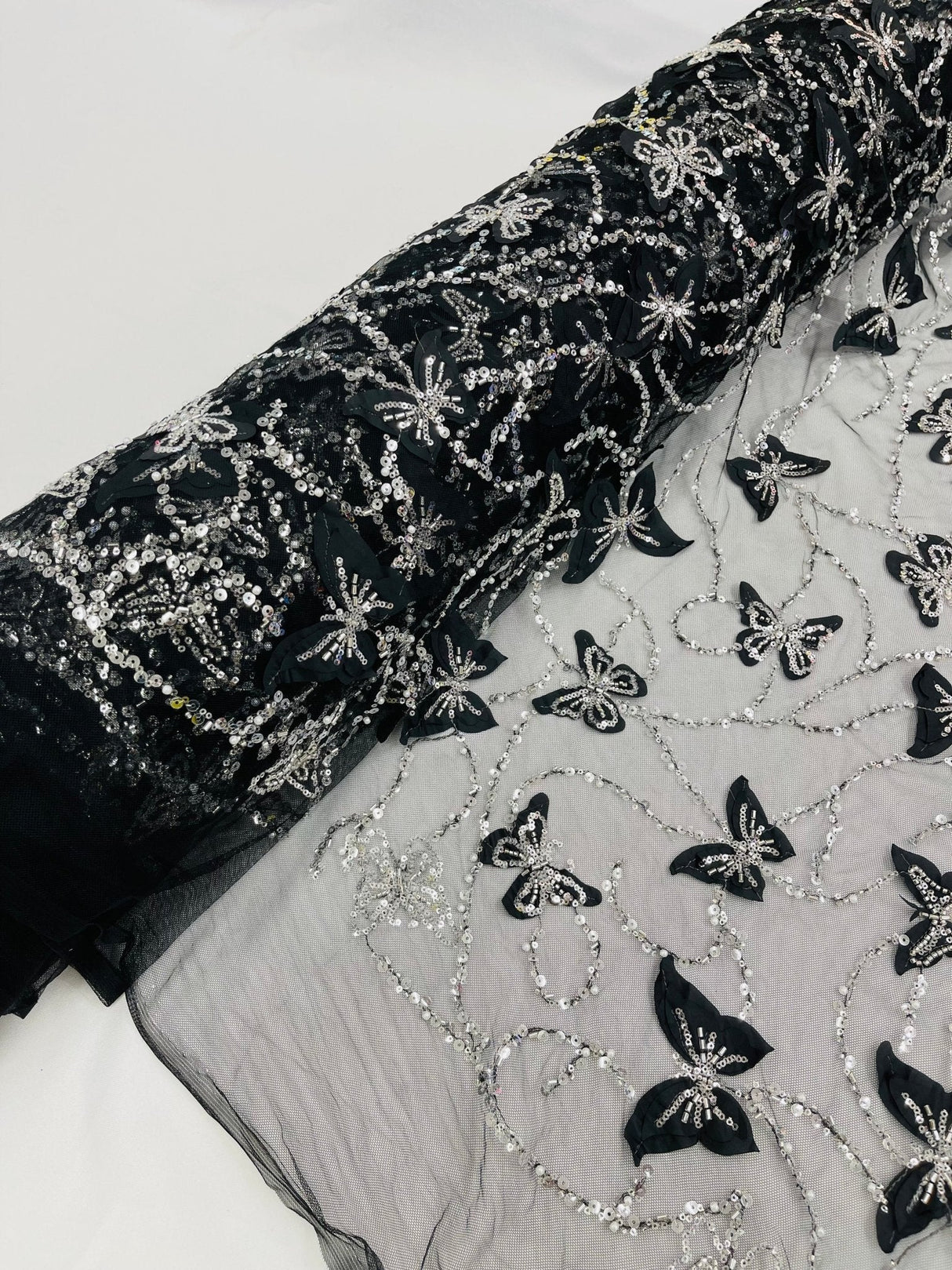 3D Beaded Butterfly On A Mesh Polyester Fabric - Beaded Butterfly Mesh Lace, 54" Width (1 Yard)