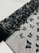 3D Beaded Butterfly On A Mesh Polyester Fabric - Beaded Butterfly Mesh Lace, 54" Width (1 Yard)