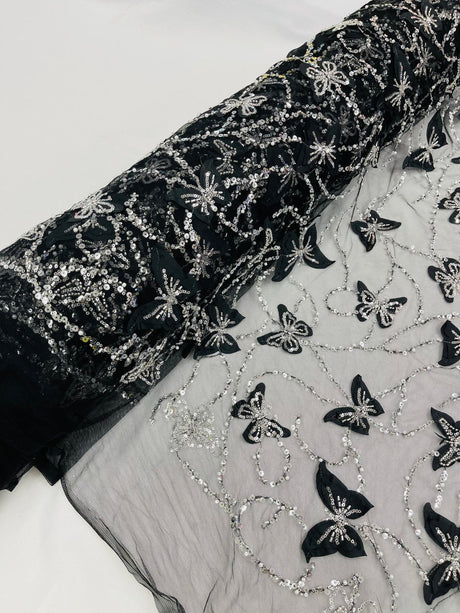 3D Beaded Butterfly On A Mesh Polyester Fabric - Beaded Butterfly Mesh Lace, 54" Width (1 Yard)