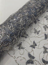 3D Beaded Butterfly On A Mesh Polyester Fabric - Beaded Butterfly Mesh Lace, 54" Width (1 Yard)