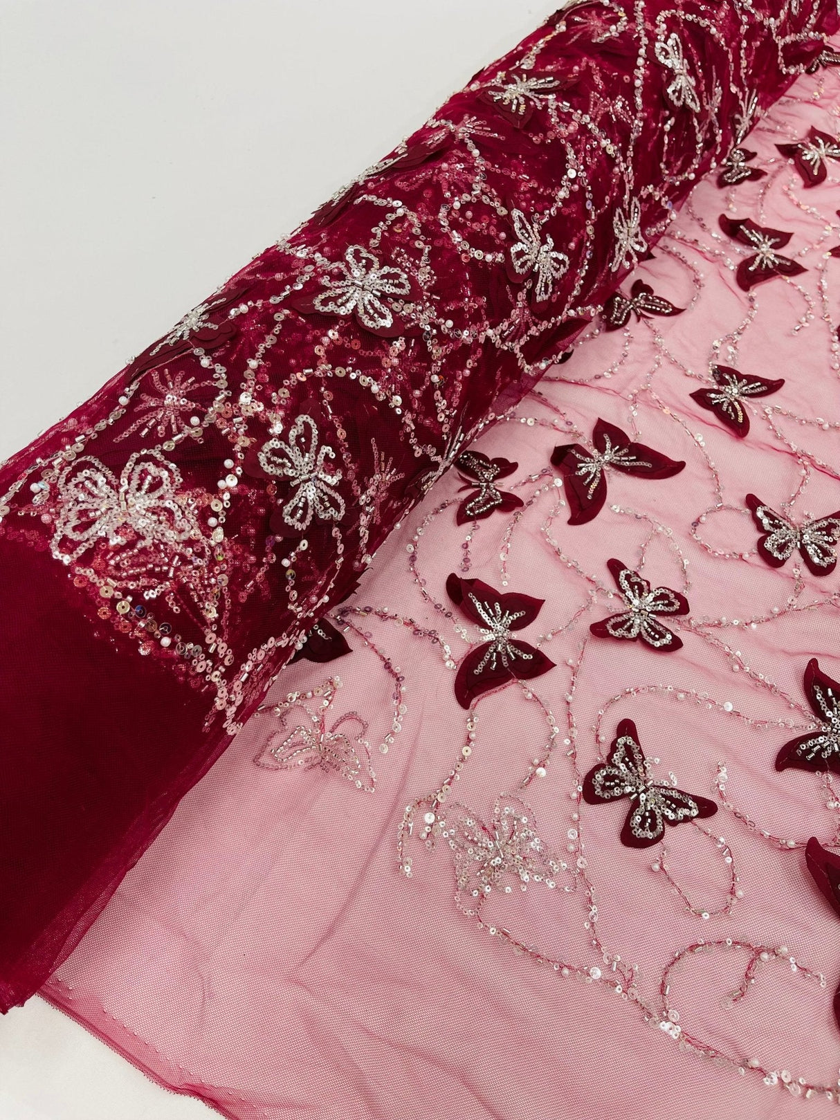 3D Beaded Butterfly On A Mesh Polyester Fabric - Beaded Butterfly Mesh Lace, 54" Width (1 Yard)