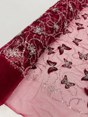 3D Beaded Butterfly On A Mesh Polyester Fabric - Beaded Butterfly Mesh Lace, 54" Width (1 Yard)