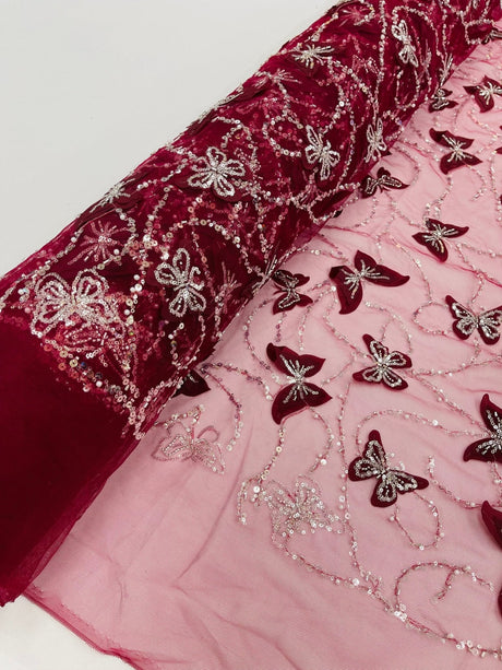 3D Beaded Butterfly On A Mesh Polyester Fabric - Beaded Butterfly Mesh Lace, 54" Width (1 Yard)