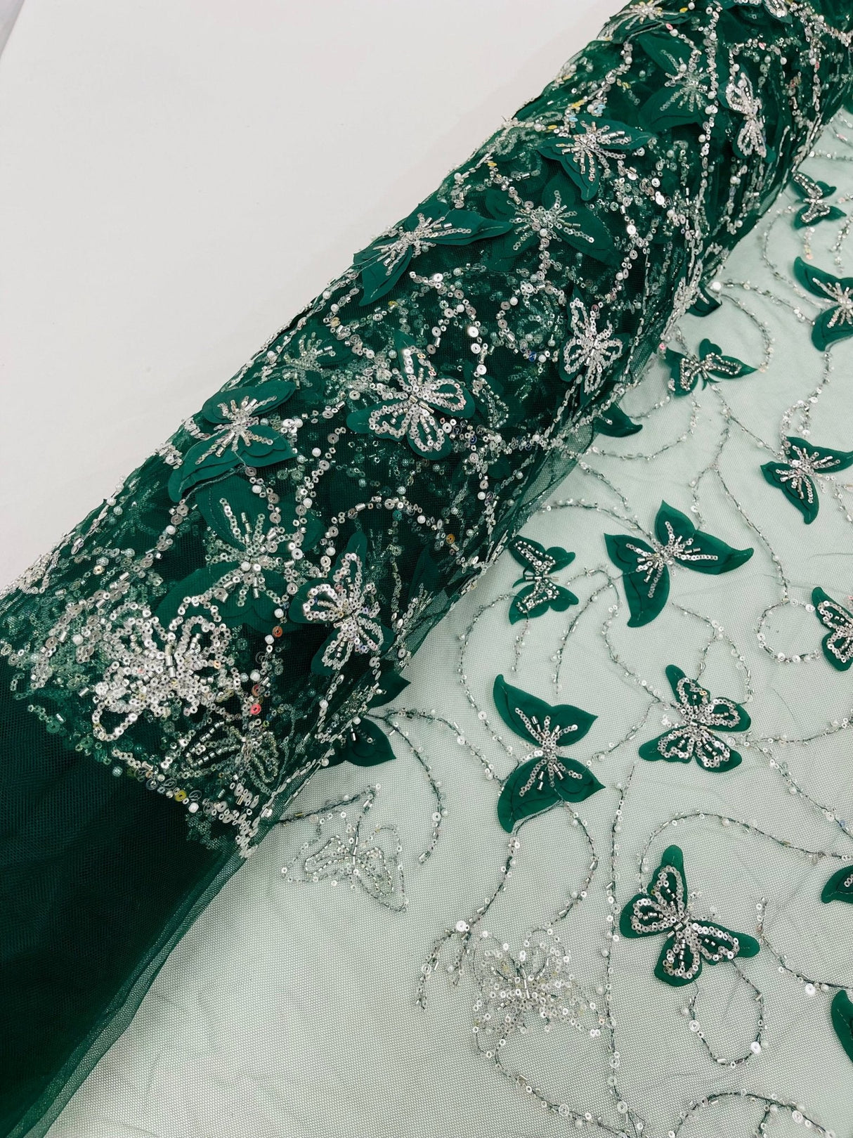 3D Beaded Butterfly On A Mesh Polyester Fabric - Beaded Butterfly Mesh Lace, 54" Width (1 Yard)