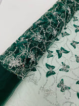 3D Beaded Butterfly On A Mesh Polyester Fabric - Beaded Butterfly Mesh Lace, 54" Width (1 Yard)