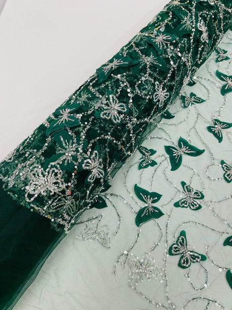 3D Beaded Butterfly On A Mesh Polyester Fabric - Beaded Butterfly Mesh Lace, 54" Width (1 Yard)