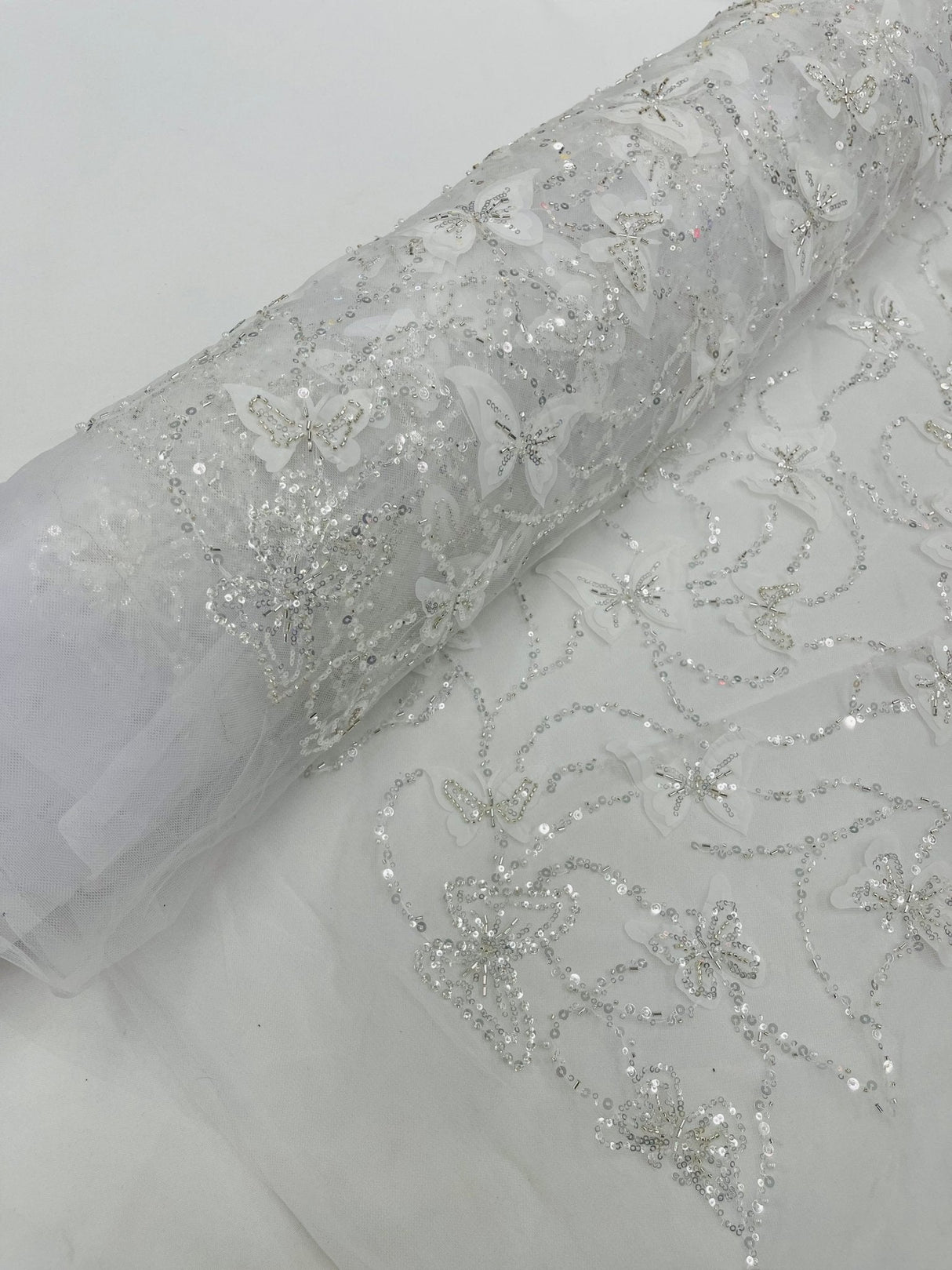 3D Beaded Butterfly On A Mesh Polyester Fabric - Beaded Butterfly Mesh Lace, 54" Width (1 Yard)