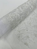 3D Beaded Butterfly On A Mesh Polyester Fabric - Beaded Butterfly Mesh Lace, 54" Width (1 Yard)