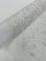 3D Beaded Butterfly On A Mesh Polyester Fabric - Beaded Butterfly Mesh Lace, 54" Width (1 Yard)