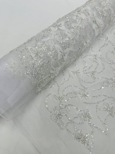 3D Beaded Butterfly On A Mesh Polyester Fabric - Beaded Butterfly Mesh Lace, 54" Width (1 Yard)