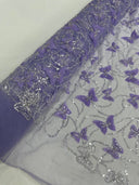 3D Beaded Butterfly On A Mesh Polyester Fabric - Beaded Butterfly Mesh Lace, 54" Width (1 Yard)
