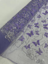 3D Beaded Butterfly On A Mesh Polyester Fabric - Beaded Butterfly Mesh Lace, 54" Width (1 Yard)