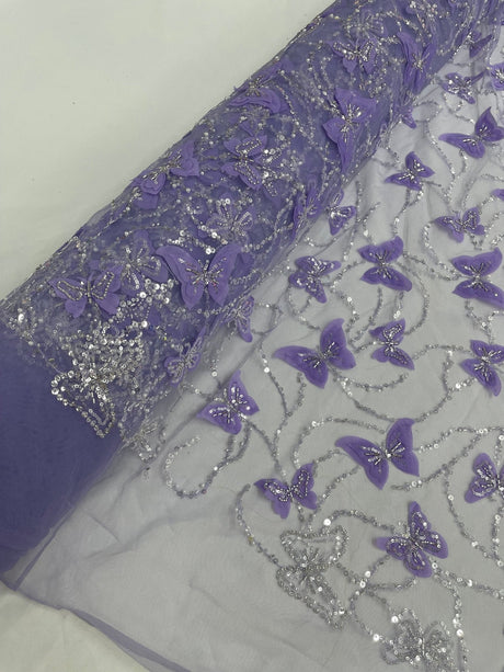 3D Beaded Butterfly On A Mesh Polyester Fabric - Beaded Butterfly Mesh Lace, 54" Width (1 Yard)