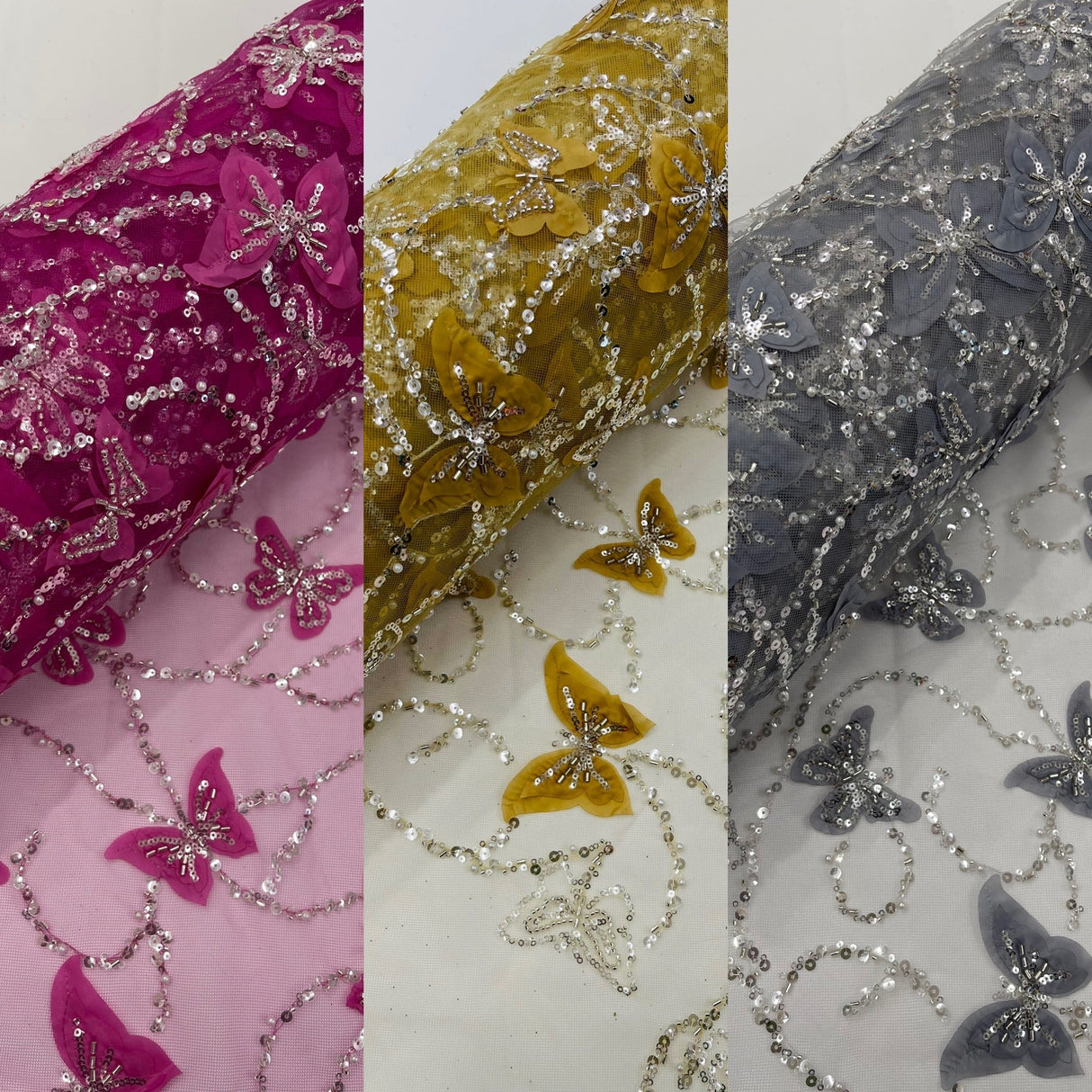 3D Beaded Butterfly On A Mesh Polyester Fabric - Beaded Butterfly Mesh Lace, 54" Width (1 Yard)