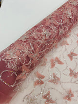 3D Beaded Butterfly On A Mesh Polyester Fabric - Beaded Butterfly Mesh Lace, 54" Width (1 Yard)