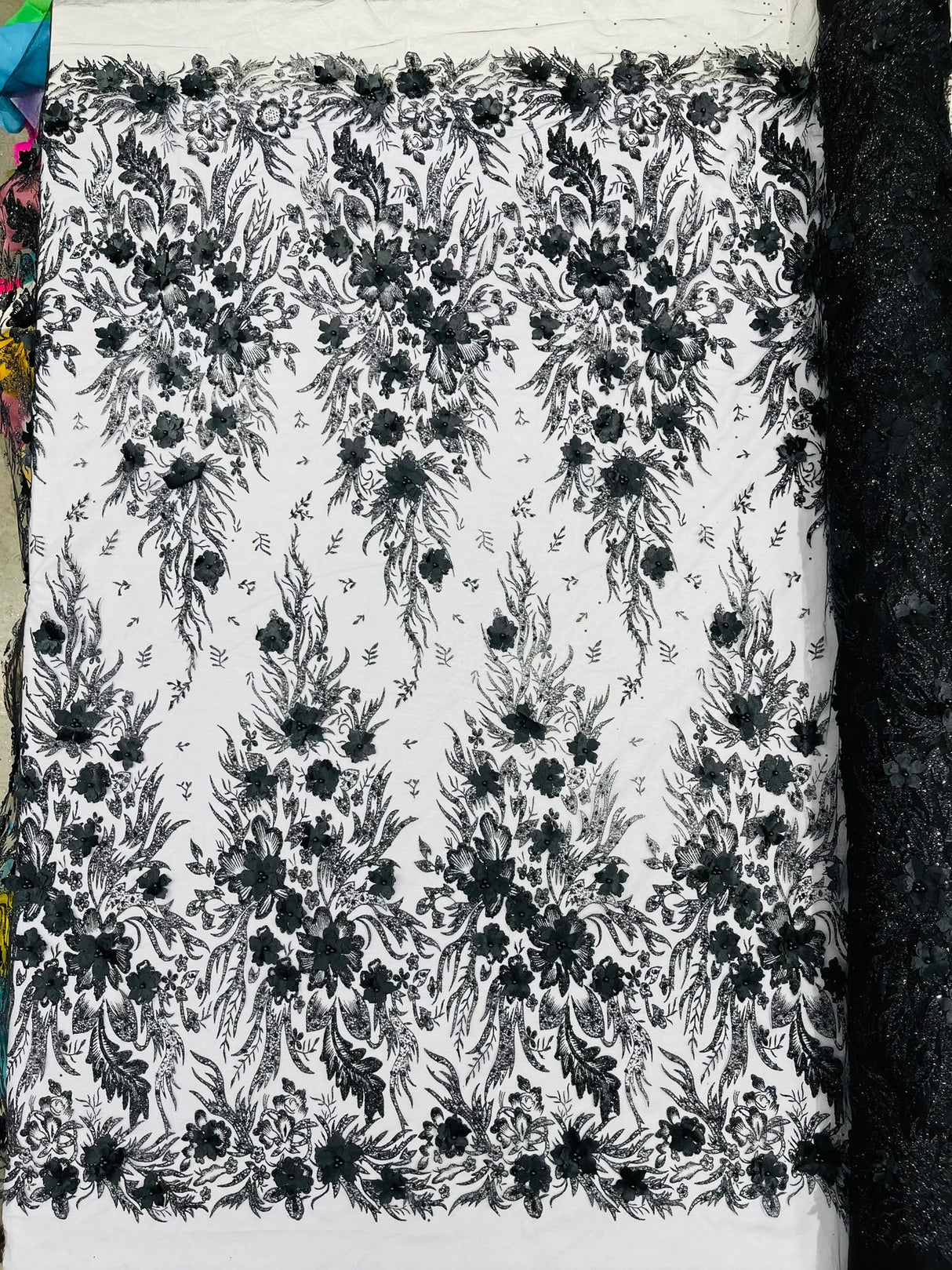 3D Floral Big Glitter Damask Design Mesh Lace Fabric - Black, Blush Pink, Burgundy, Champagne/Gold, Dusty Rose, Fuchsia, Gold, Gold/Black, Hunter Green, Light Blue, Lilac, Navy Blue, Red, Royal Blue, 54" Width (1 Yard)