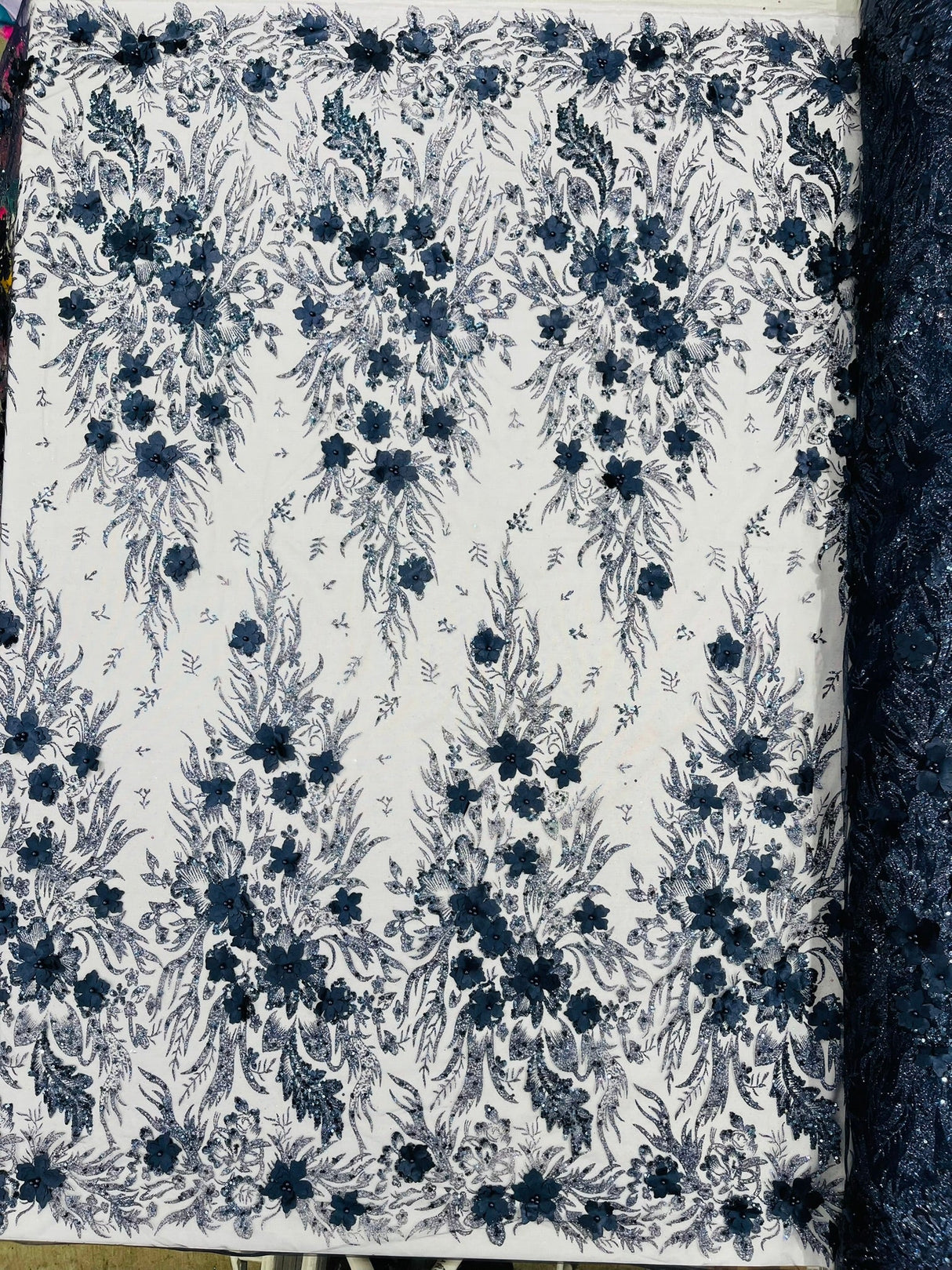 3D Floral Big Glitter Damask Design Mesh Lace Fabric - Black, Blush Pink, Burgundy, Champagne/Gold, Dusty Rose, Fuchsia, Gold, Gold/Black, Hunter Green, Light Blue, Lilac, Navy Blue, Red, Royal Blue, 54" Width (1 Yard)