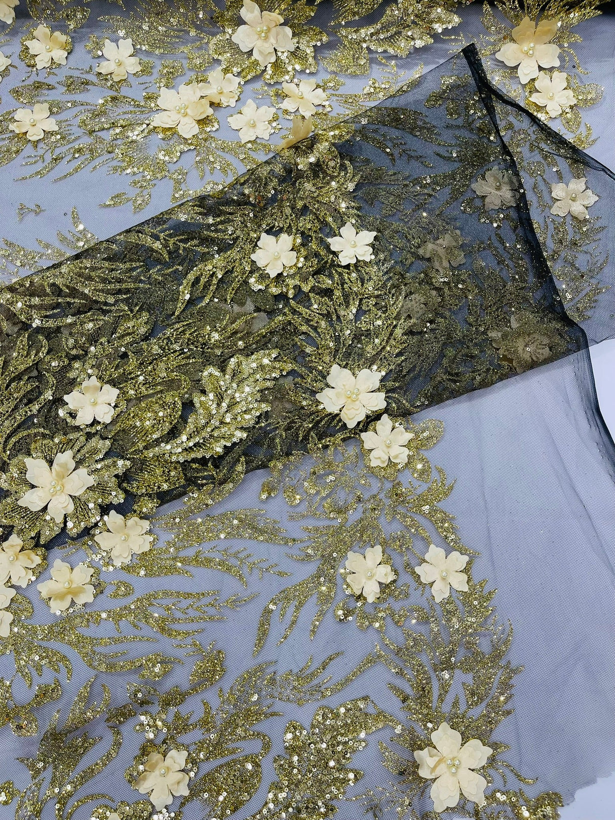 3D Floral Big Glitter Damask Design Mesh Lace Fabric - Black, Blush Pink, Burgundy, Champagne/Gold, Dusty Rose, Fuchsia, Gold, Gold/Black, Hunter Green, Light Blue, Lilac, Navy Blue, Red, Royal Blue, 54" Width (1 Yard)