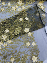 3D Floral Big Glitter Damask Design Mesh Lace Fabric - Black, Blush Pink, Burgundy, Champagne/Gold, Dusty Rose, Fuchsia, Gold, Gold/Black, Hunter Green, Light Blue, Lilac, Navy Blue, Red, Royal Blue, 54" Width (1 Yard)