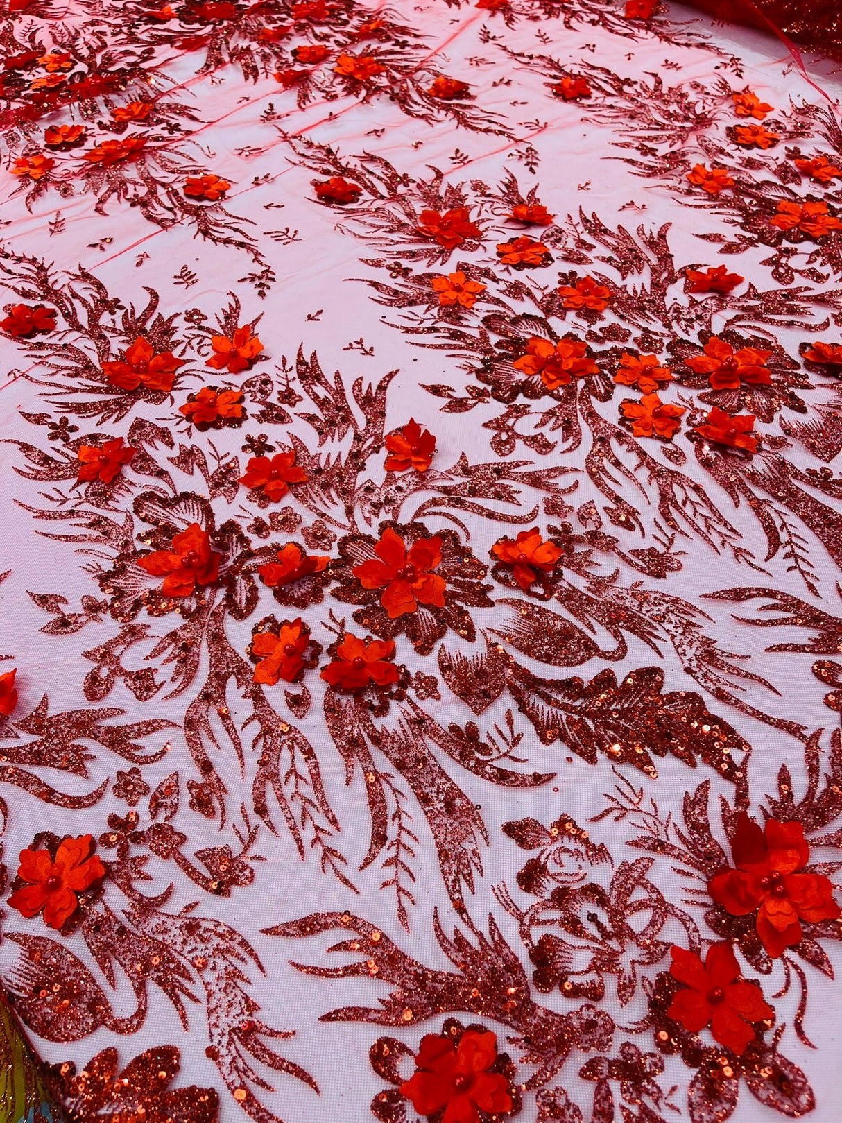 3D Floral Big Glitter Damask Design Mesh Lace Fabric - Black, Blush Pink, Burgundy, Champagne/Gold, Dusty Rose, Fuchsia, Gold, Gold/Black, Hunter Green, Light Blue, Lilac, Navy Blue, Red, Royal Blue, 54" Width (1 Yard)