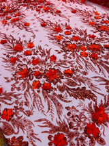3D Floral Big Glitter Damask Design Mesh Lace Fabric - Black, Blush Pink, Burgundy, Champagne/Gold, Dusty Rose, Fuchsia, Gold, Gold/Black, Hunter Green, Light Blue, Lilac, Navy Blue, Red, Royal Blue, 54" Width (1 Yard)
