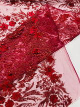 3D Floral Big Glitter Damask Design Mesh Lace Fabric - Black, Blush Pink, Burgundy, Champagne/Gold, Dusty Rose, Fuchsia, Gold, Gold/Black, Hunter Green, Light Blue, Lilac, Navy Blue, Red, Royal Blue, 54" Width (1 Yard)