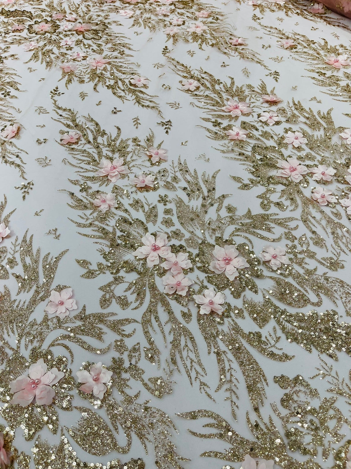 3D Floral Big Glitter Damask Design Mesh Lace Fabric - Black, Blush Pink, Burgundy, Champagne/Gold, Dusty Rose, Fuchsia, Gold, Gold/Black, Hunter Green, Light Blue, Lilac, Navy Blue, Red, Royal Blue, 54" Width (1 Yard)