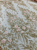 3D Floral Big Glitter Damask Design Mesh Lace Fabric - Black, Blush Pink, Burgundy, Champagne/Gold, Dusty Rose, Fuchsia, Gold, Gold/Black, Hunter Green, Light Blue, Lilac, Navy Blue, Red, Royal Blue, 54" Width (1 Yard)