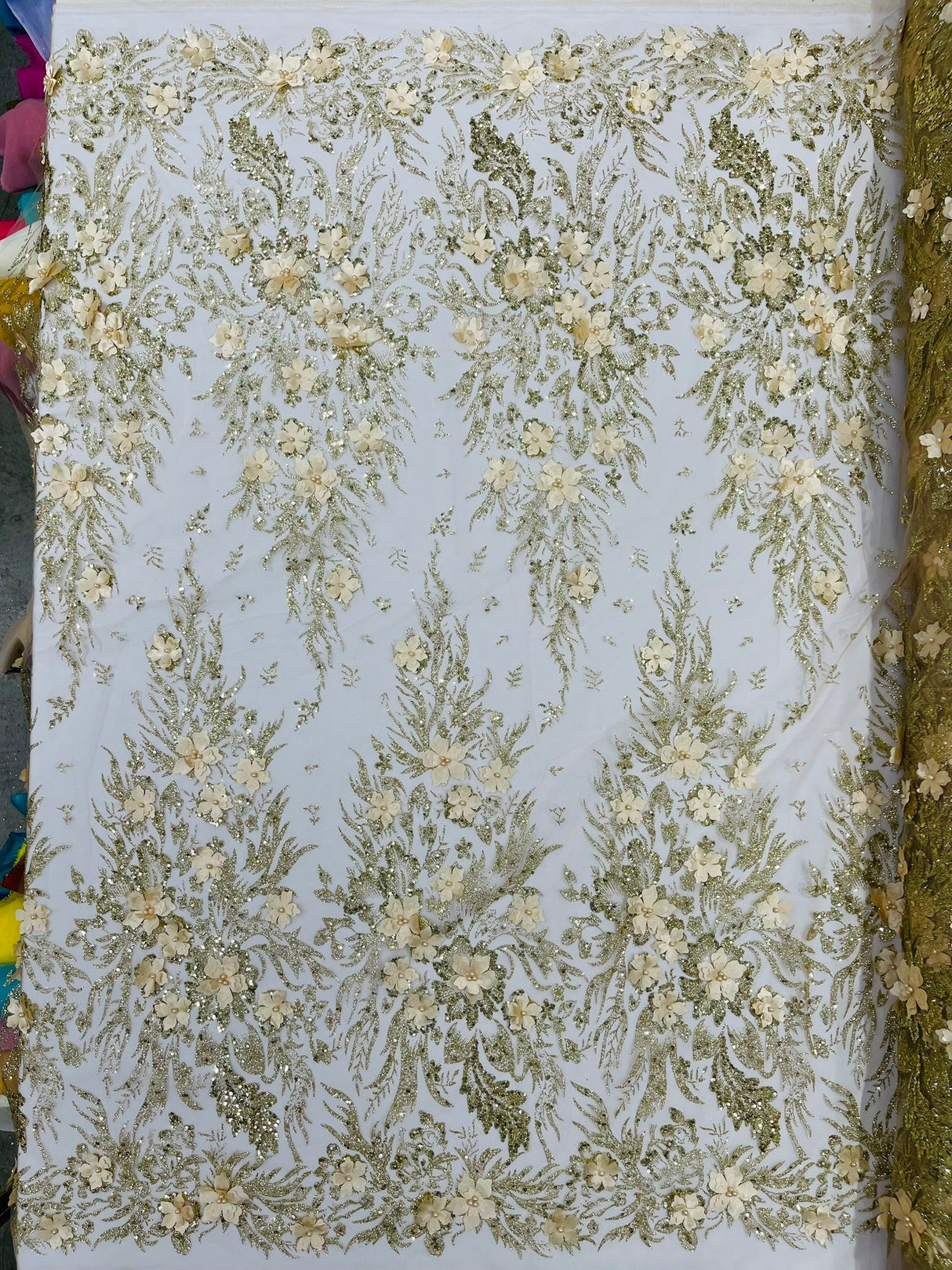 3D Floral Big Glitter Damask Design Mesh Lace Fabric - Black, Blush Pink, Burgundy, Champagne/Gold, Dusty Rose, Fuchsia, Gold, Gold/Black, Hunter Green, Light Blue, Lilac, Navy Blue, Red, Royal Blue, 54" Width (1 Yard)
