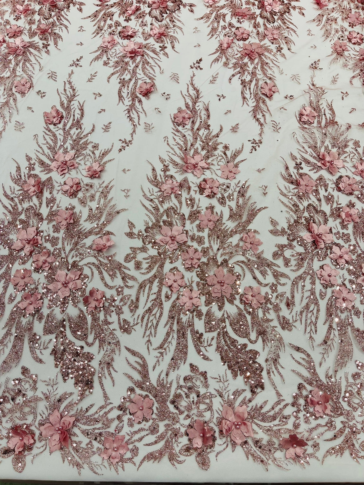 3D Floral Big Glitter Damask Design Mesh Lace Fabric - Black, Blush Pink, Burgundy, Champagne/Gold, Dusty Rose, Fuchsia, Gold, Gold/Black, Hunter Green, Light Blue, Lilac, Navy Blue, Red, Royal Blue, 54" Width (1 Yard)