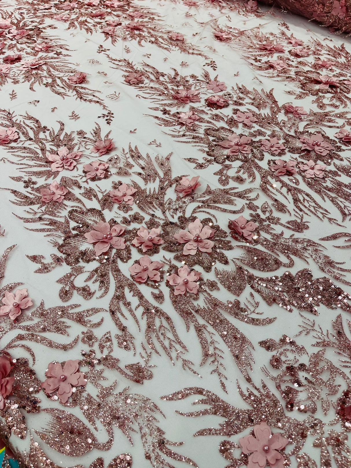 3D Floral Big Glitter Damask Design Mesh Lace Fabric - Black, Blush Pink, Burgundy, Champagne/Gold, Dusty Rose, Fuchsia, Gold, Gold/Black, Hunter Green, Light Blue, Lilac, Navy Blue, Red, Royal Blue, 54" Width (1 Yard)