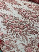 3D Floral Big Glitter Damask Design Mesh Lace Fabric - Black, Blush Pink, Burgundy, Champagne/Gold, Dusty Rose, Fuchsia, Gold, Gold/Black, Hunter Green, Light Blue, Lilac, Navy Blue, Red, Royal Blue, 54" Width (1 Yard)