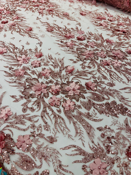 3D Floral Big Glitter Damask Design Mesh Lace Fabric - Black, Blush Pink, Burgundy, Champagne/Gold, Dusty Rose, Fuchsia, Gold, Gold/Black, Hunter Green, Light Blue, Lilac, Navy Blue, Red, Royal Blue, 54" Width (1 Yard)