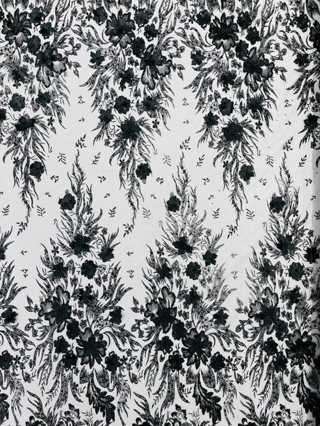 3D Floral Big Glitter Damask Design Mesh Lace Fabric - Black, Blush Pink, Burgundy, Champagne/Gold, Dusty Rose, Fuchsia, Gold, Gold/Black, Hunter Green, Light Blue, Lilac, Navy Blue, Red, Royal Blue, 54" Width (1 Yard)