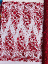 3D Floral Big Glitter Damask Design Mesh Lace Fabric - Black, Blush Pink, Burgundy, Champagne/Gold, Dusty Rose, Fuchsia, Gold, Gold/Black, Hunter Green, Light Blue, Lilac, Navy Blue, Red, Royal Blue, 54" Width (1 Yard)