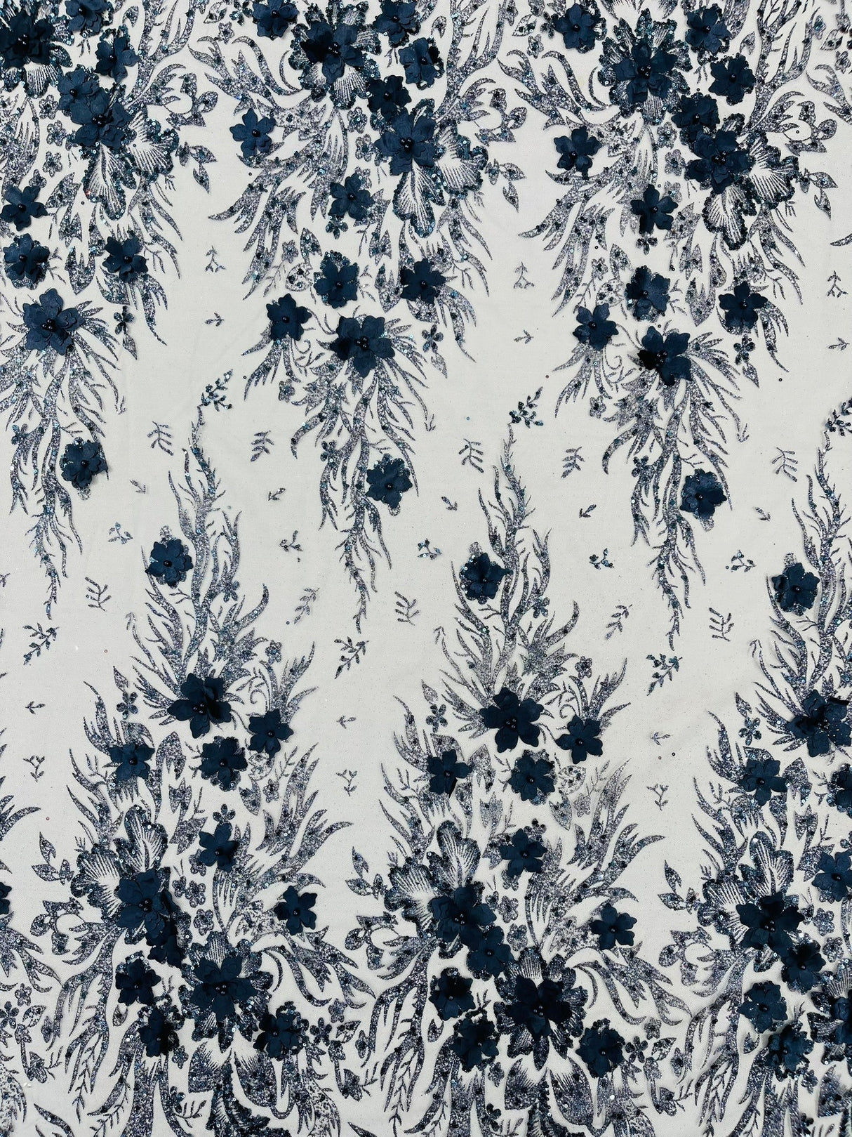 3D Floral Big Glitter Damask Design Mesh Lace Fabric - Black, Blush Pink, Burgundy, Champagne/Gold, Dusty Rose, Fuchsia, Gold, Gold/Black, Hunter Green, Light Blue, Lilac, Navy Blue, Red, Royal Blue, 54" Width (1 Yard)