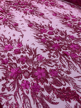 3D Floral Big Glitter Damask Design Mesh Lace Fabric - Black, Blush Pink, Burgundy, Champagne/Gold, Dusty Rose, Fuchsia, Gold, Gold/Black, Hunter Green, Light Blue, Lilac, Navy Blue, Red, Royal Blue, 54" Width (1 Yard)