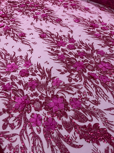 3D Floral Big Glitter Damask Design Mesh Lace Fabric - Black, Blush Pink, Burgundy, Champagne/Gold, Dusty Rose, Fuchsia, Gold, Gold/Black, Hunter Green, Light Blue, Lilac, Navy Blue, Red, Royal Blue, 54" Width (1 Yard)