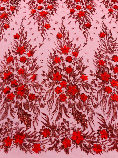 3D Floral Big Glitter Damask Design Mesh Lace Fabric - Black, Blush Pink, Burgundy, Champagne/Gold, Dusty Rose, Fuchsia, Gold, Gold/Black, Hunter Green, Light Blue, Lilac, Navy Blue, Red, Royal Blue, 54" Width (1 Yard)