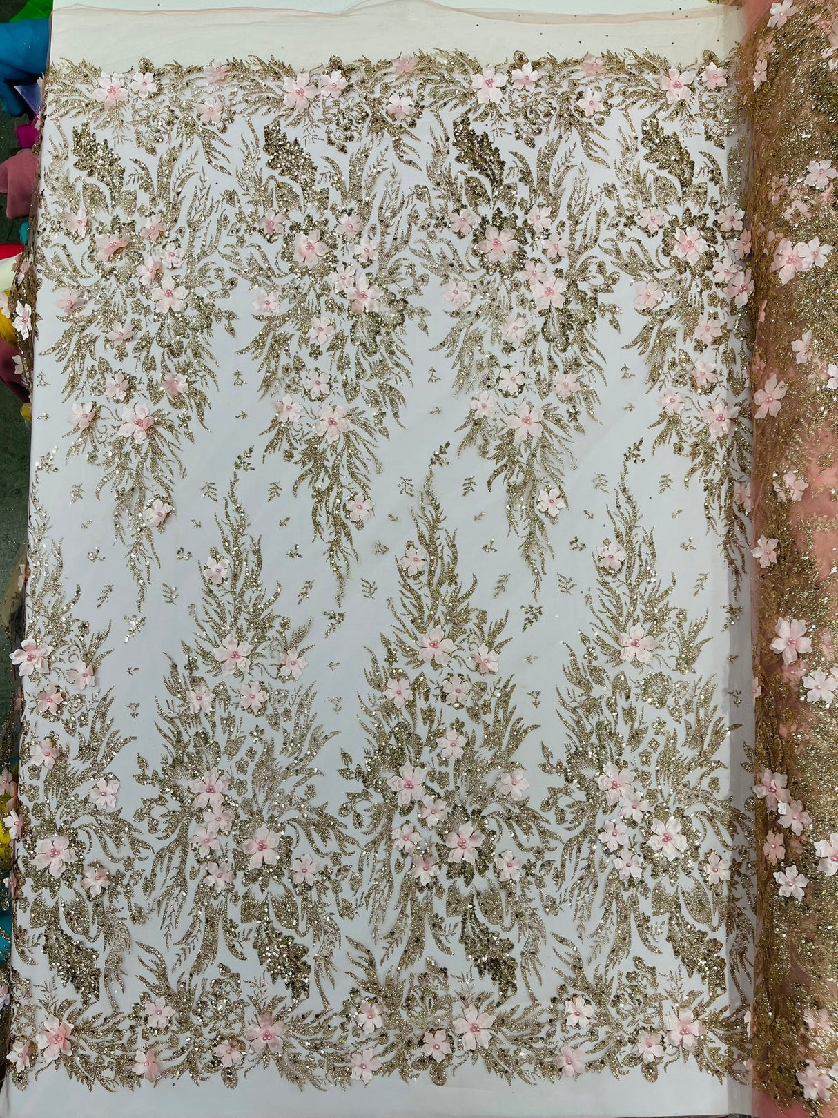 3D Floral Big Glitter Damask Design Mesh Lace Fabric - Black, Blush Pink, Burgundy, Champagne/Gold, Dusty Rose, Fuchsia, Gold, Gold/Black, Hunter Green, Light Blue, Lilac, Navy Blue, Red, Royal Blue, 54" Width (1 Yard)