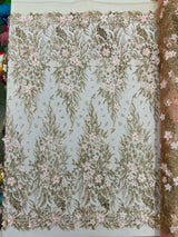 3D Floral Big Glitter Damask Design Mesh Lace Fabric - Black, Blush Pink, Burgundy, Champagne/Gold, Dusty Rose, Fuchsia, Gold, Gold/Black, Hunter Green, Light Blue, Lilac, Navy Blue, Red, Royal Blue, 54" Width (1 Yard)