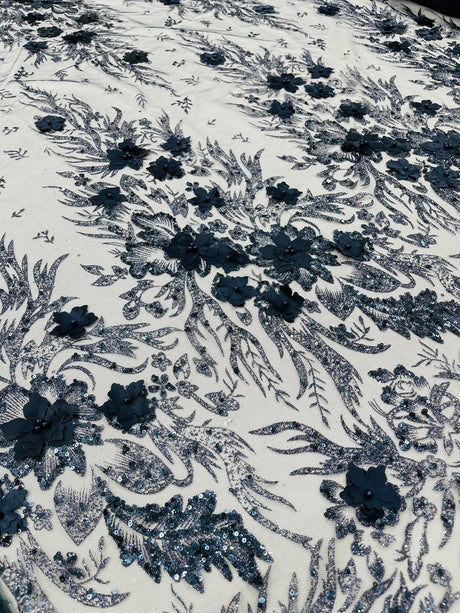 3D Floral Big Glitter Damask Design Mesh Lace Fabric - Black, Blush Pink, Burgundy, Champagne/Gold, Dusty Rose, Fuchsia, Gold, Gold/Black, Hunter Green, Light Blue, Lilac, Navy Blue, Red, Royal Blue, 54" Width (1 Yard)