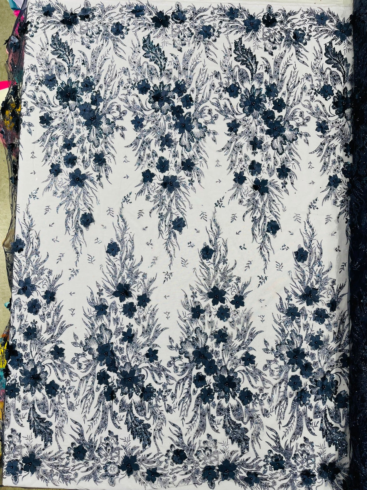 3D Floral Big Glitter Damask Design Mesh Lace Fabric - Black, Blush Pink, Burgundy, Champagne/Gold, Dusty Rose, Fuchsia, Gold, Gold/Black, Hunter Green, Light Blue, Lilac, Navy Blue, Red, Royal Blue, 54" Width (1 Yard)