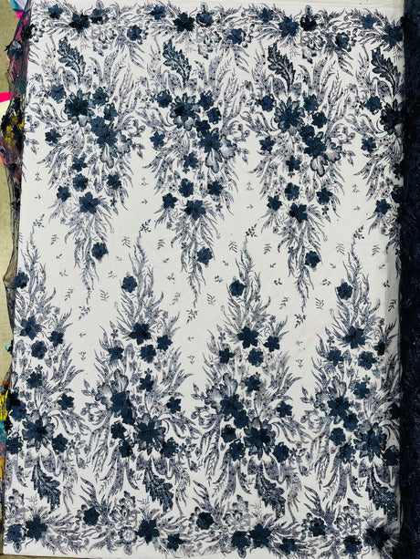 3D Floral Big Glitter Damask Design Mesh Lace Fabric - Black, Blush Pink, Burgundy, Champagne/Gold, Dusty Rose, Fuchsia, Gold, Gold/Black, Hunter Green, Light Blue, Lilac, Navy Blue, Red, Royal Blue, 54" Width (1 Yard)