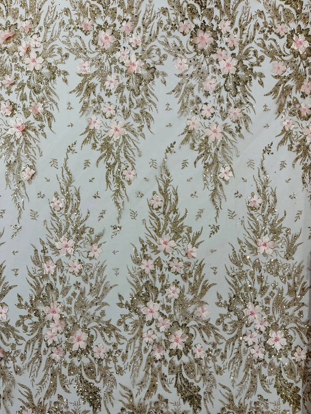 3D Floral Big Glitter Damask Design Mesh Lace Fabric - Black, Blush Pink, Burgundy, Champagne/Gold, Dusty Rose, Fuchsia, Gold, Gold/Black, Hunter Green, Light Blue, Lilac, Navy Blue, Red, Royal Blue, 54" Width (1 Yard)